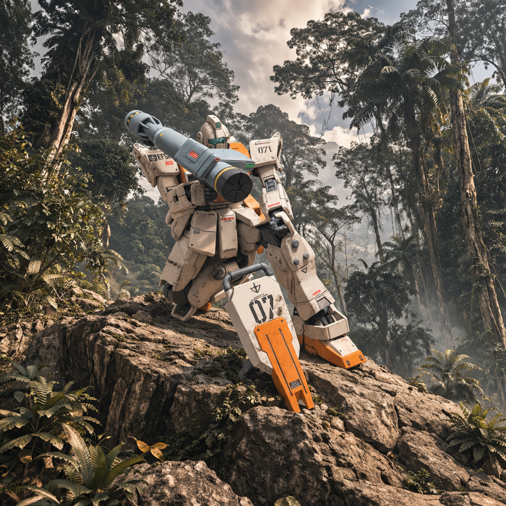 ジャングルの中でネットガンを構える陸戦型ジム