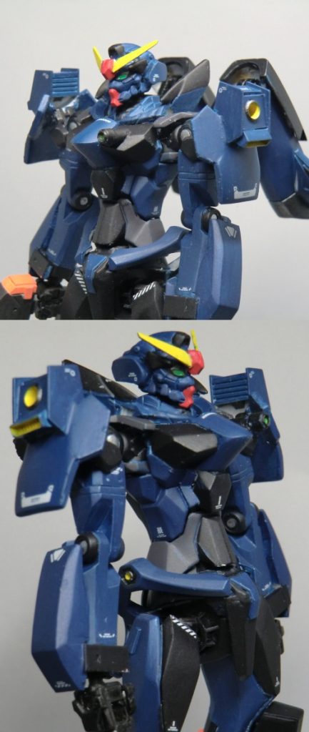 頭部はV字アンテナに変更、後頭部をパテで造形。襟はもともと横向きでしたが、ポージングさせると肩パーツとの干渉が発生したので縦向きに接着。 腹部から胸部にかけての形状変更はエポパテを使用。ここの形状はなかなか上手くいったと思うポイントですね。 腕部は肘下を2mm延長。腕周りも少し寂しく感じたのでエポパテブロックの削りだしで謎パーツを追加。肩パーツは参考元パーツをシンプルにデザインしなおして製作しています。地味に曲面です。