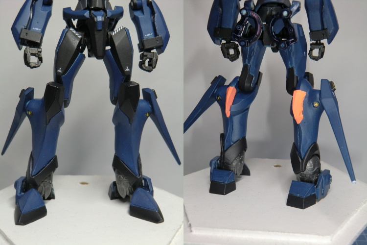 足回りの複雑ディテールは無くす方向だったので、大腿部内側や膝下周りは全てエポパテで埋めてます。 大腿部外側のパイプ(?)も撤去。少しさみしく感じたので切り取った丸いパーツを埋め込み、ブレード型のスタビライザーを付けてますね。 足首はスリッパを自作、膝からすねまでのラインに繋がるようにつま先は三角型にしてみました。