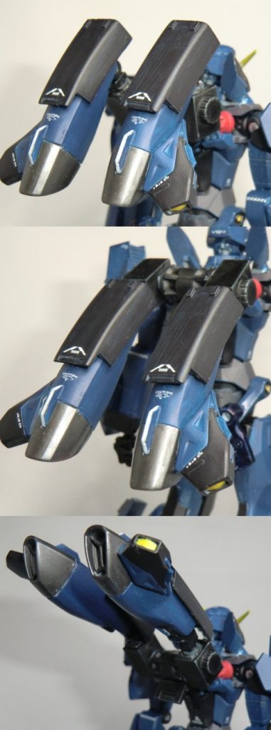 メインフレキシブルスラスターは可動部に市販パーツを使用、基部はパイプで3㎜軸挿してるだけなのでぐりぐり回せます。高機動の要ですね。カバーをかぶせることで可動部位を目立たないようにもしています。