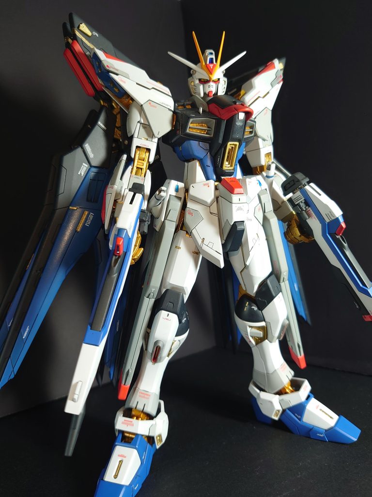 制作工程の写真を消してしまい完成写真のみとなりますが、スジボリの追加とプラバン貼付け。顔は削り込み若干ですが小顔にしております。また、内部フレームのみ腰と太腿部分を3mm程延長しております。