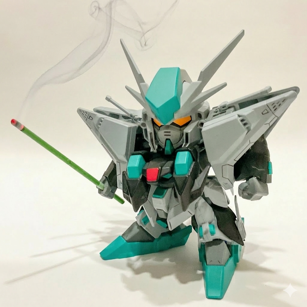 武器はネギではなく、お線香型のヒートサーベルです。 線香のハサウェイ (Geminiに画像加工してもらいました。本物の線香ではありません(笑)