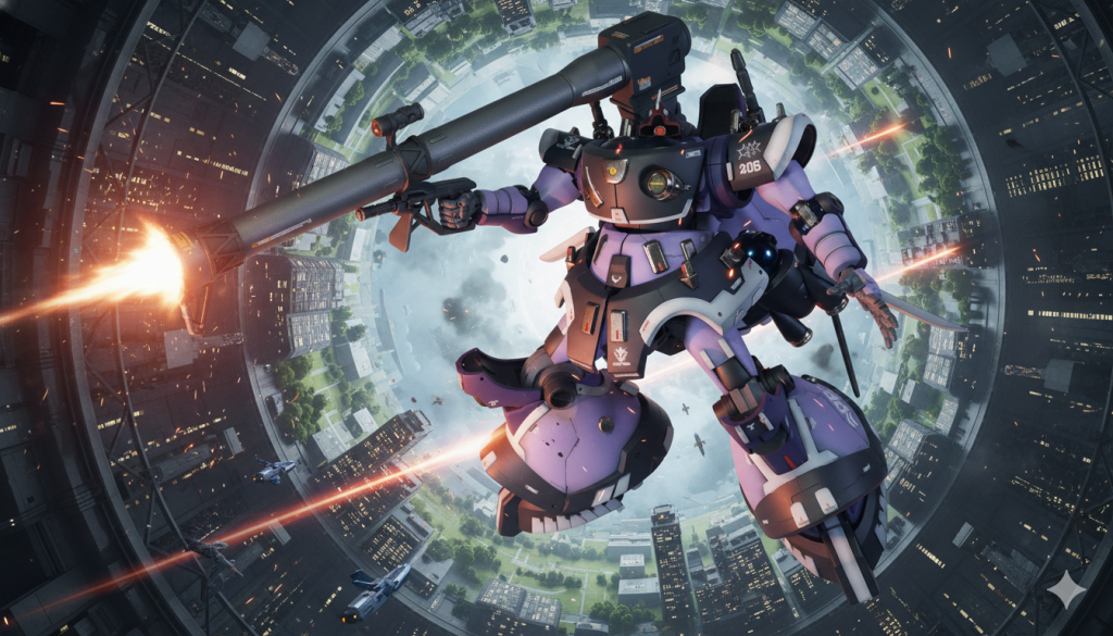 いつものAI画像生成。コロニーを背景に。ノールックでバズーカ撃っているのが違和感ですが…ご愛敬。