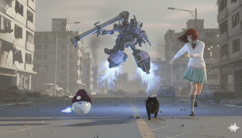 ハロの投稿時に登場してもらいました実写版ジークアクスの出演者たちと一緒に。ドムに追われる1人と2匹？すいません、最近nano bananaの1日の使用制限が少なくなってしまい、いろんなバリエーションが作れませんでした。ので、ドムは同じポーズ使い回しです…。(gundam-kao9)