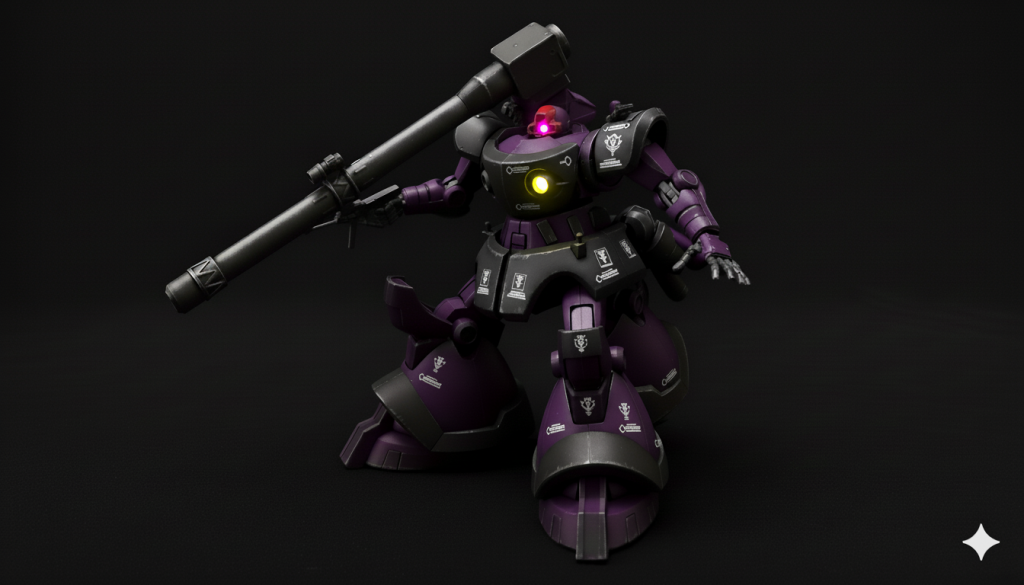 ちなみにAI画像生成で仕上げたものがこちらになります。いかがでしょうか？AIの作品とどちらがいいでしょうか？(gundam-kao4)こちらは塗装っぽい表面への変更とデカールを付けてもらっただけなので、自作の方ほどディテールアップはありません。しかし、私の下手な写真よりも質感はよく見えますね…。(gundam-kao5)