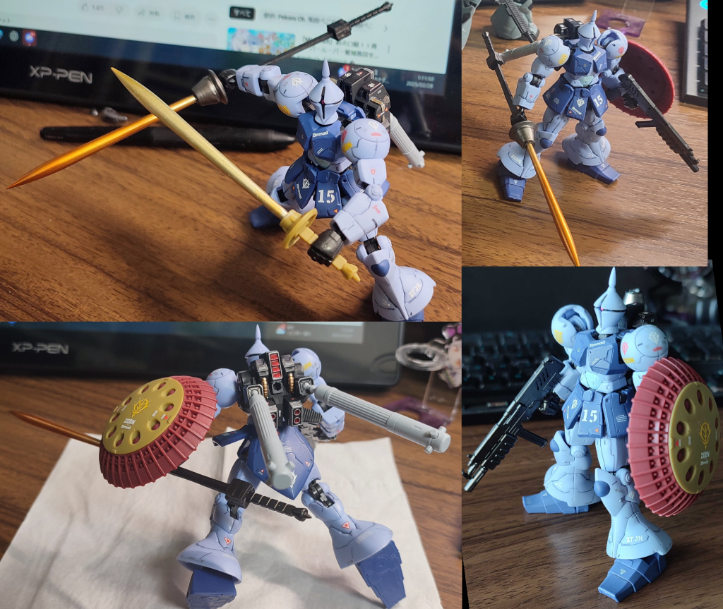 しかし高機動型ゲルググのバックパックを搭載したものの、相変わらずビームライフルの運用が困難なため、MMP-80マシンガンを主兵装にしつつ、より一撃離脱で短時間の接触の内に確実に敵機を撃破できるように高出力化したビームランスを装備。ついでに高機動化したことに対応するために投棄可能なプロペラントタンクも増設…