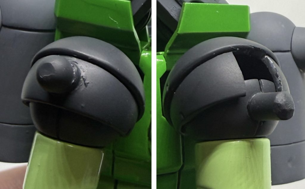 肩装甲の接続方法はキットのポリキャップをそのまま使用。右肩はボールジョイントを移植し、左肩は3ミリプラ棒を接着し、可動に干渉する部分を切り欠いてます。以上、ありがとうございました。