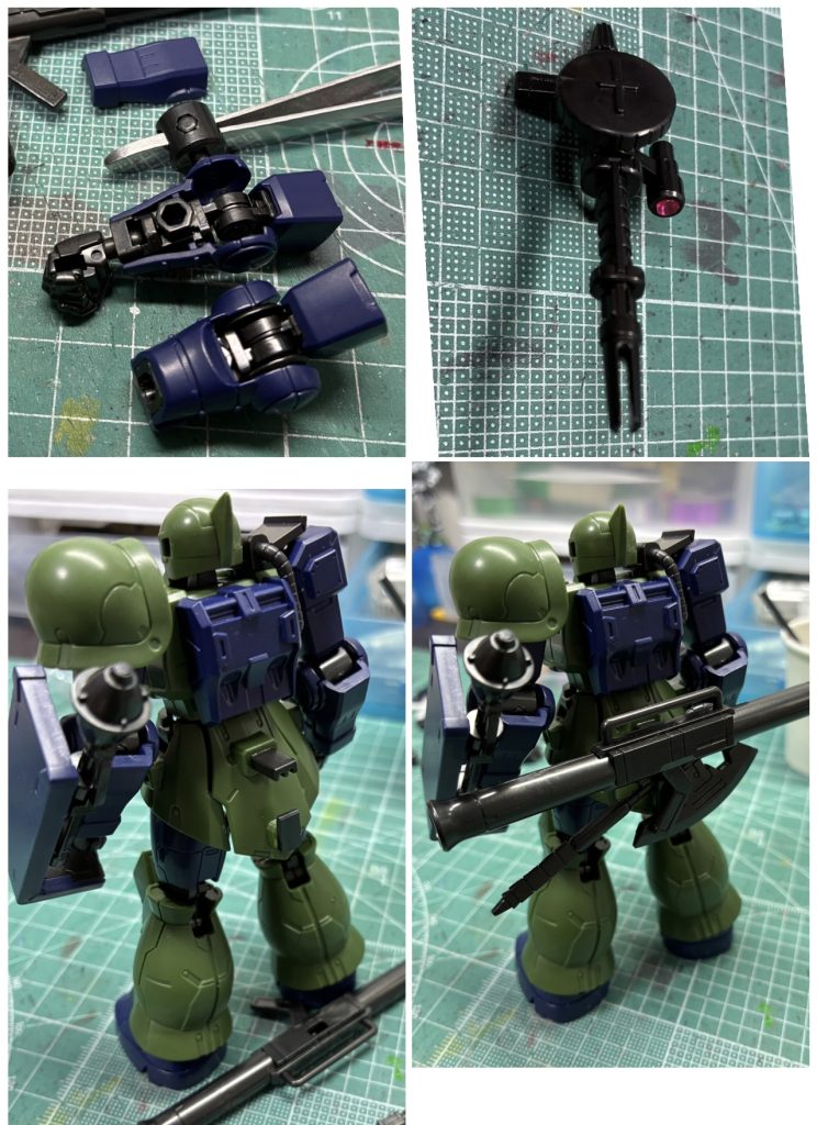 ・工作固定用の肩をヒジに入れて隙間埋め。銃口・スコープ・モノアイは開口。レンズは他キットのピンクのクリアランナー埋め。バズーカの凸は本体に付け、ヒートホークは後ろに変更。ネットを参考に肩軸には熱収縮チューブ。気になったゲート跡とパーティングラインは消しました。