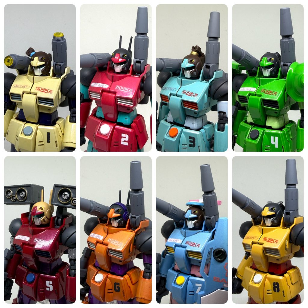 各機体の差別化として、主に頭部を髪型に寄せたりしています。上半身と右脚のマーキングはG-3ガンダム(メタリック)とエコプラの物を使用しています。