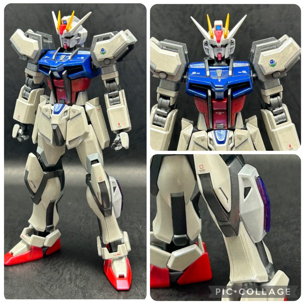 ベース機のHGCEストライク。頭部以外の白はホワイトグレーを使用。また脚部はエックスを意識して、ユニバースブースターの付属品を付けてエネルギーコンダクターとしました。