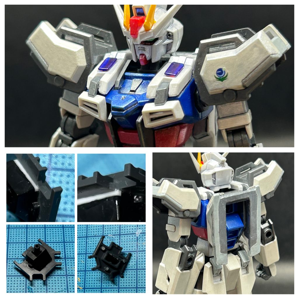 元々バックパックの規格が合わないのでエールストライカーの接続部を切断し、エックス側のパックへ無理矢理接着。この後ストライク本体のスラスター部が障害になり、機体とパックの隙間が大分空いてしまった。埋める為にユニバースブースターの一部を切断し、追加ユニットっぽくしました。&nbsp;