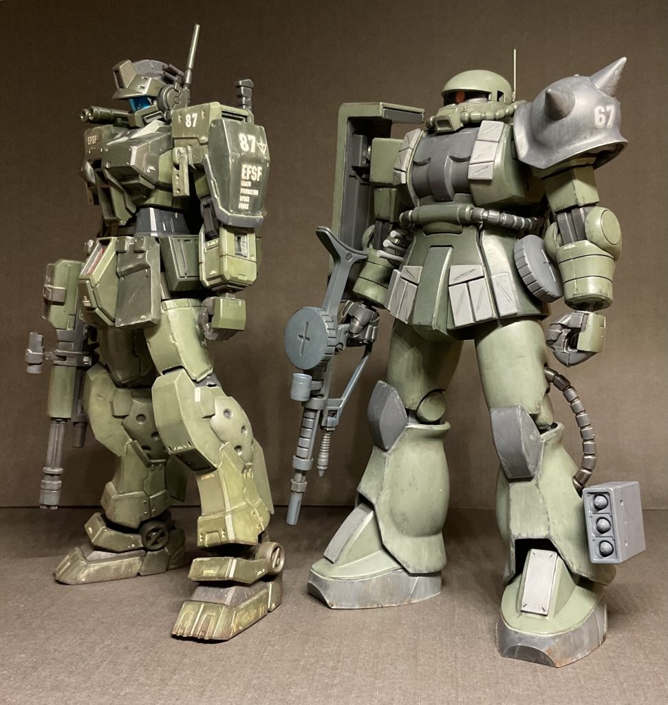 After ジムスパルタンと身長を合わせるため、股関節らへんを3mm、大腿を3mmプラ板で延長。頭部は口を短くしてモノアイスリットを狭めてます。今回も筆塗りオンリーでウェザリングは強めに。