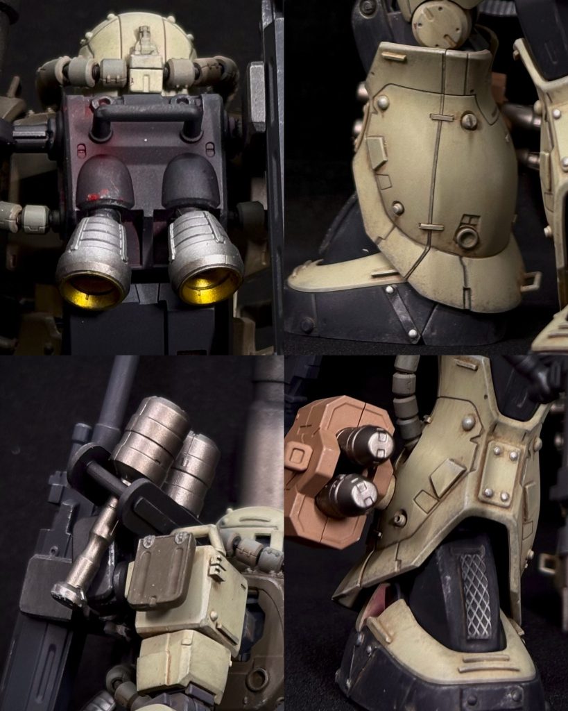 各部アップです！ディティールアップパーツはぜーんぶ小さく細かく取付にだいぶイライラしました🤣右肩はシールドを取っ払ってしまったのでやや寂しくなり、小さいシールドを取付しました、全く役に立たなそうなところがお気に入りです🤣バーニアはレジン製の市販品に置き換えています。2パーツ構成で塗装も楽々😄