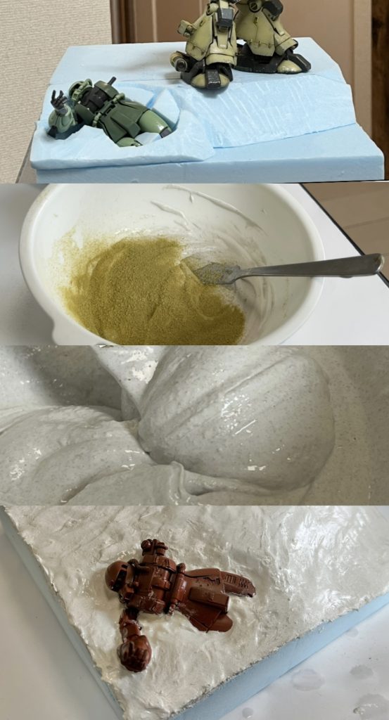 ジオラマベースの制作です。スタイロフォームを切り出しMSの配置や高低差を決めたら木工ボンドを表面に塗布し乾く手前で壁補修材(石膏)と鉄道模型のパウダーを混合したのもをバターナイフで左官の様に塗布します。石膏の水分がかなり多い為、乾燥するとひび割れが発生します。そのヒビ割れを補修するのと砂漠の様に表面を滑らかにする為今度は指を使って表現を被りながら再度、石膏を塗布して行きます。