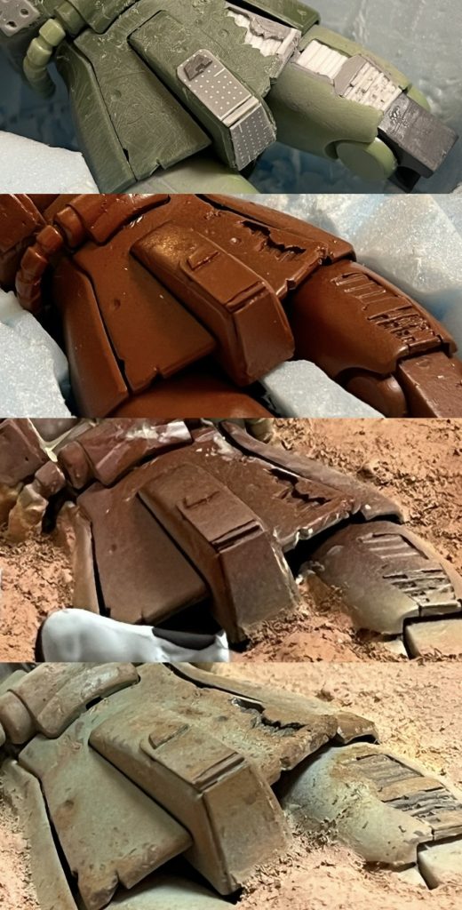 ザクのダメージ加工です。装甲が剥がれている箇所はニッパーでカットしてプラの角材等で装甲下地を表現しました。全体的に荒めにサンディングしピンバイスで弾痕等を表現してます。錆び付きはタミヤのウェザリングマスター「錆」を使用してます。