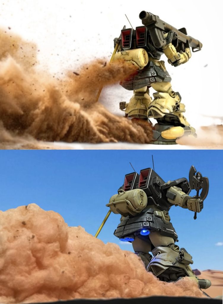 ジオラマ制作前にPhoto roomで合成したイメージ写真と実際出来上がったジオラマです。イメージに近い物になりました。砂煙は天然コットンを使用してます。