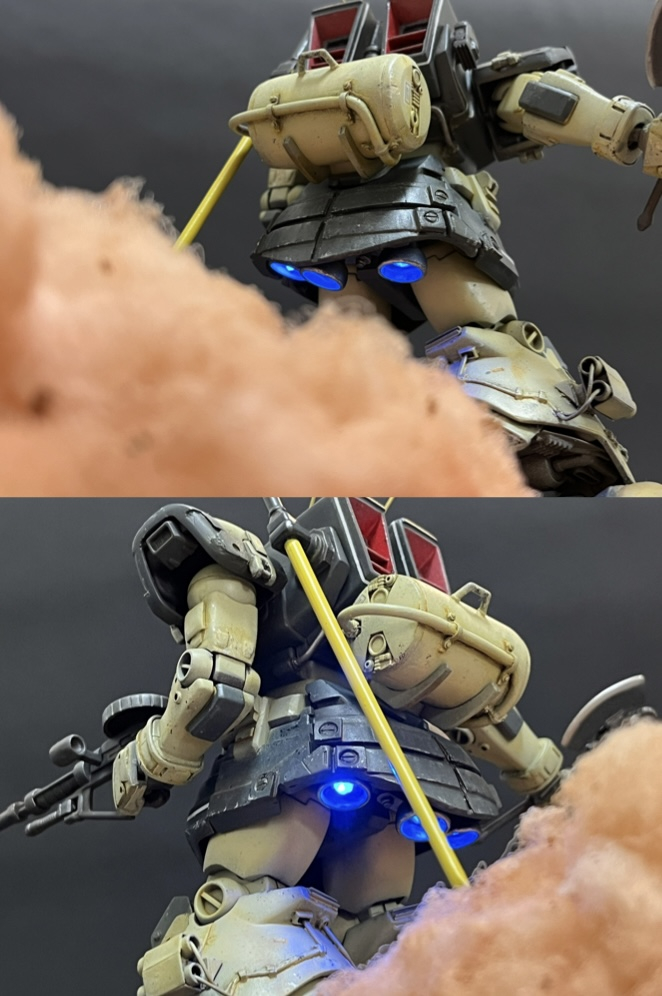 今回のジオラマではLowアングル撮影が多くてスカートの中が気になってしまったので追加で3本のミライトを仕込んだ着脱可能なバーニアを作成しました。