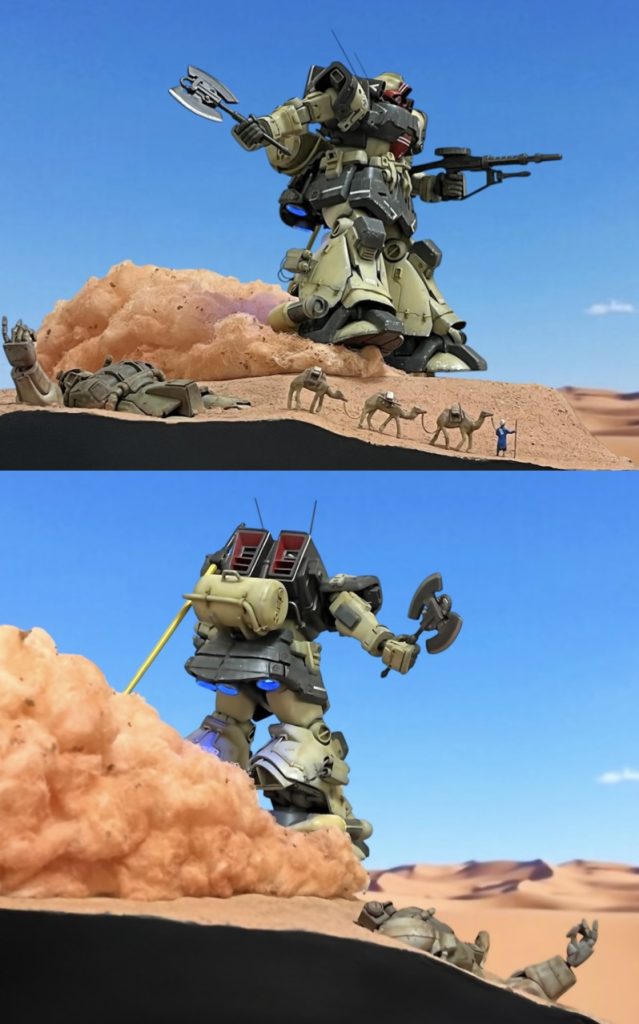 足元の浮遊感、砂煙、スカート裏のバーニアの炎によりドムらしい疾走感を上手く表現出来たと思います。手前のラクダキャラバンが現実感を与えジオラマに臨場感を出す事が出来たと思います。やはりフィギュアを添えるとジオラマは良くなります。