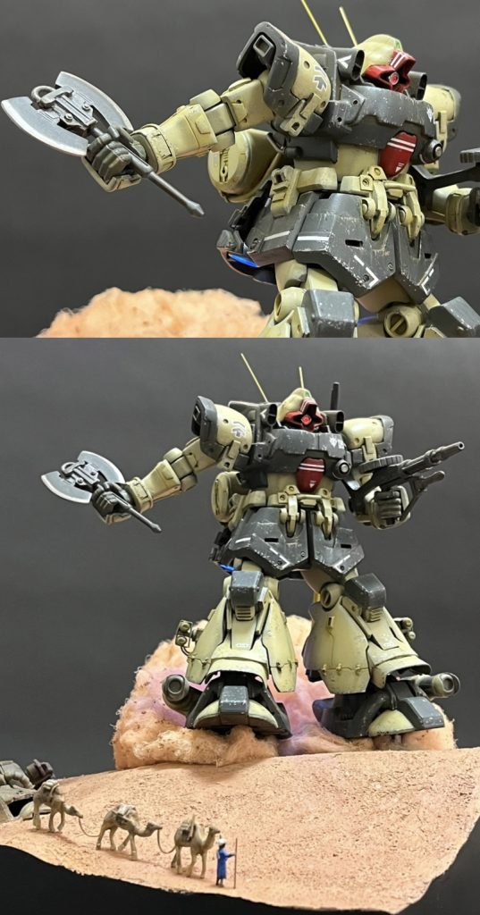 モノアイもミライトで発光します。両面ブレードのヒートホークがカッコいいです(自分なりに作り易い様にデザインをアレンジしたモノになります)。