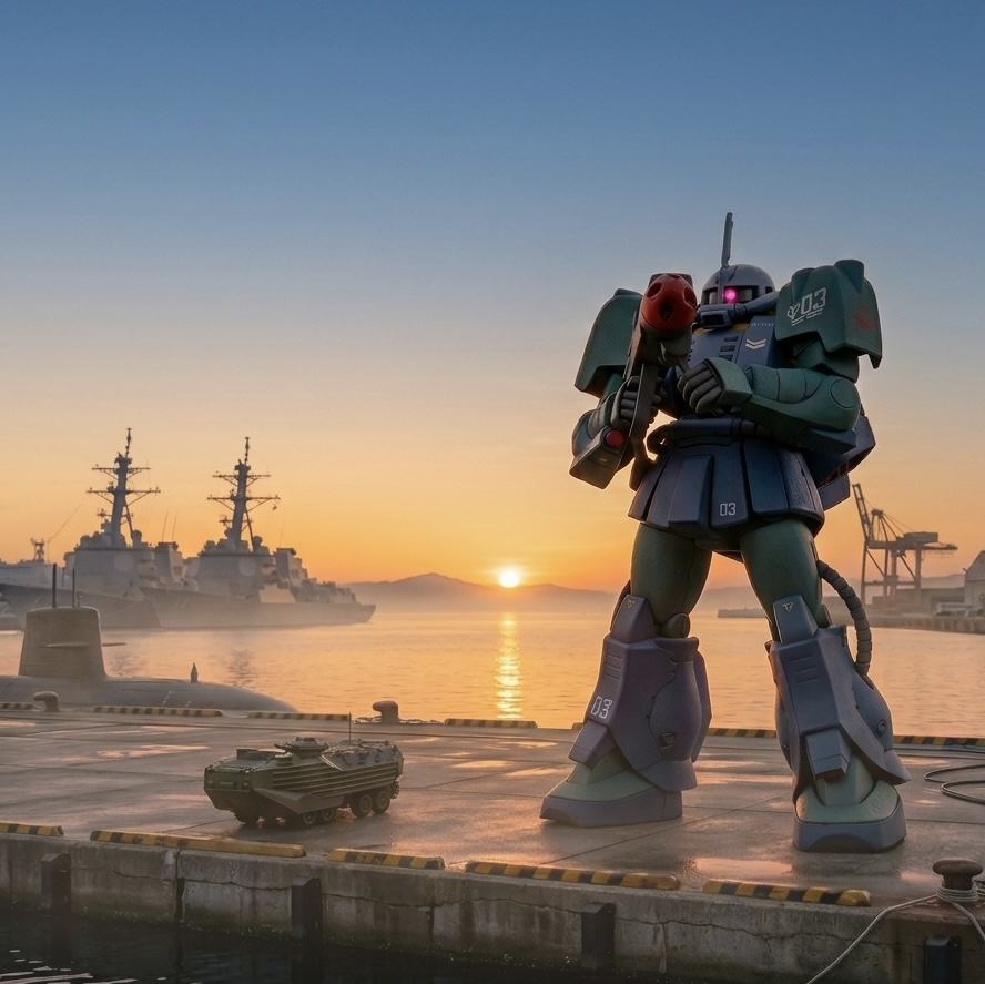 早朝、朝霧の中警戒監視の任務に就くザク・マリナーとAIが勝手にオマケで用意した装甲車そろそろリアルのガンプラ作らなきゃ…😅