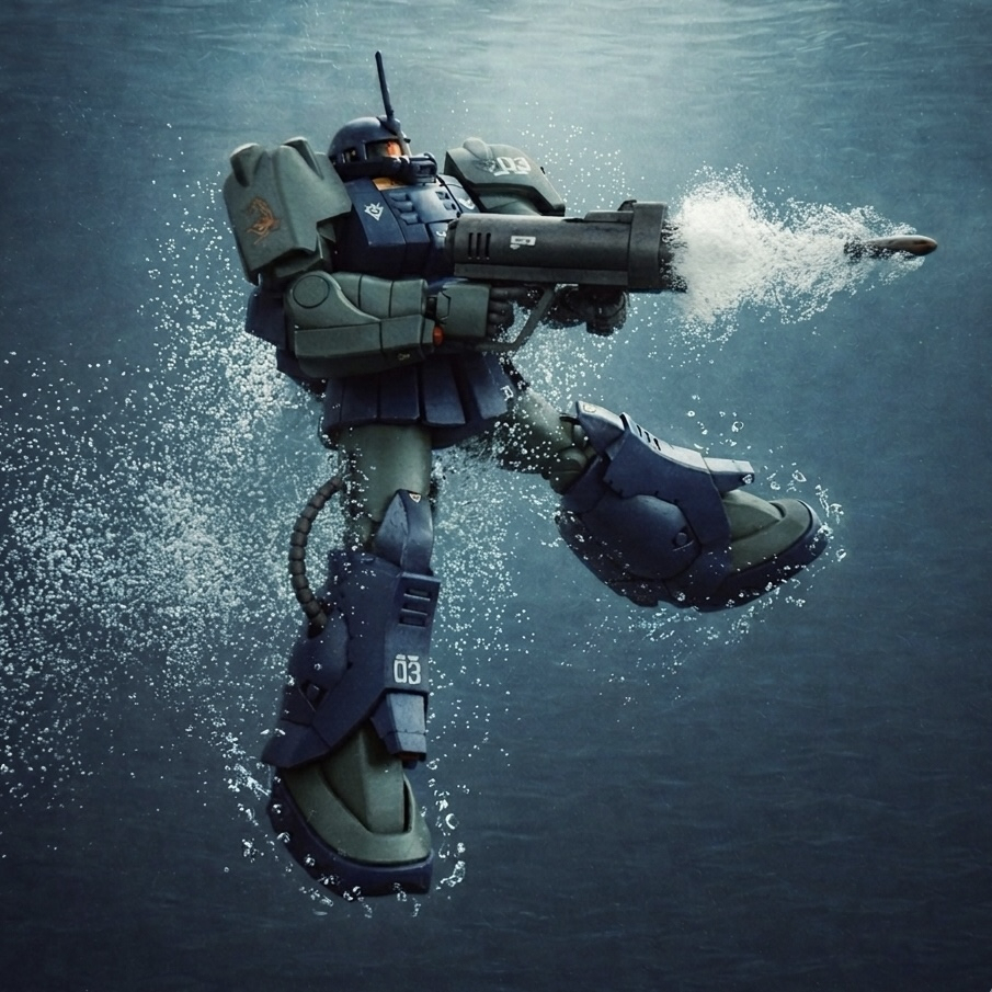 スプレーミサイルガン発射水中での細部表現をAIに伝えるのは難易度が高い…何度やり直しても全然思いが伝わらない…😭泡多過ぎ…