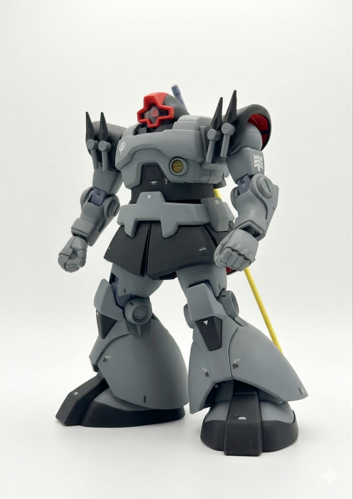 カラーリングは「忍者」や「渋い仕事人」をイメージしました。ドズルのパワータイプの戦闘と対称に技の戦闘イメージです。近接戦闘を得意としたラコックですがドムの標準近接装備であるヒートサーベルの熱伝導率の不安定さ、稼働時間の短さを問題視していました。そこでラコックの専用機にはリーチは短いもののエネルギー消費が少なく、取り回しの良いヒート・ダートを両肩に装備しました。ドムの高機動と加速による一撃離脱戦法に特化した機体です。