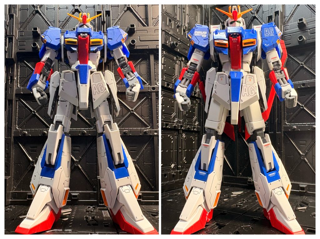 左はバラす前のRGゼータ、右は今回のニコイチゼータ。画角も違いますが、私はニコイチゼータの方がバランスは好きです。ちとふんどしだけは長すぎですが。