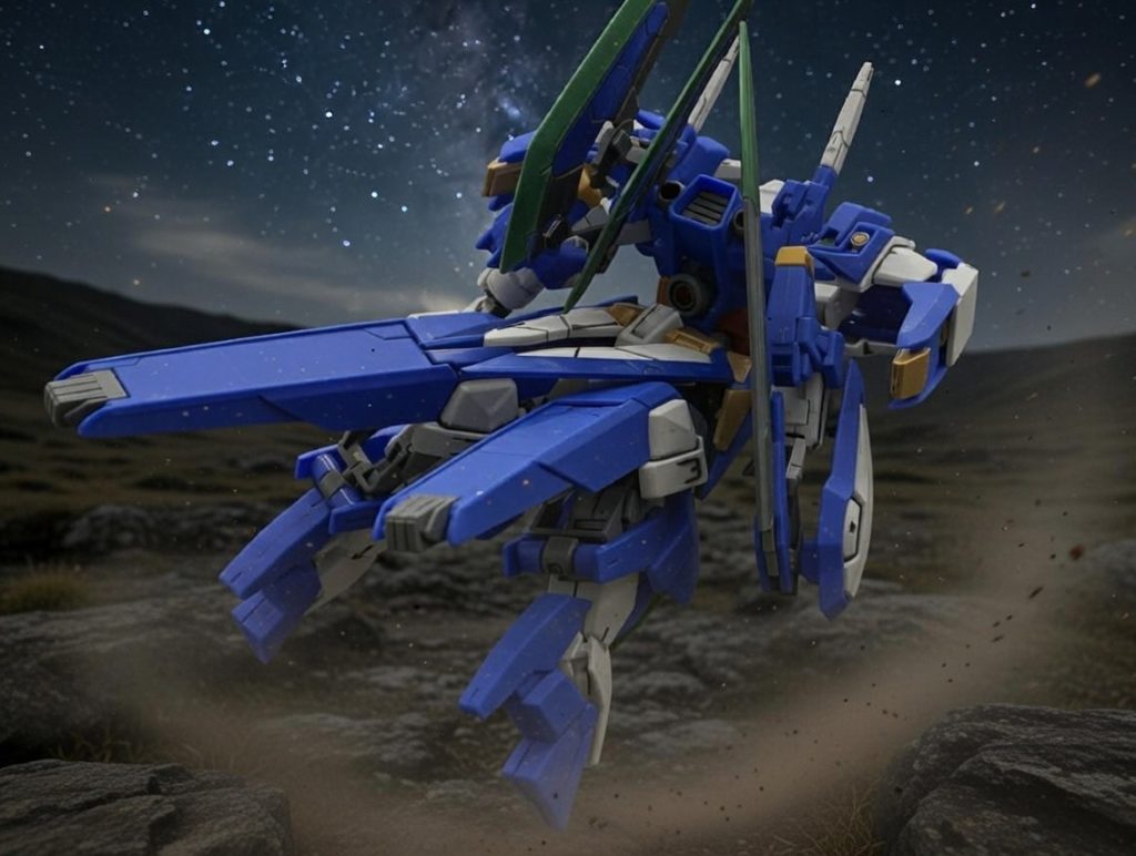 全身を前後からレイザーブレイドはバックパックに格納可能でレイザーの時のように腕に常時つける必要はない感じです各部の出力を向上させてレイザーブレイドの質量に振り回されずに扱うことができる機体ということでレイザーの発展系という設定です