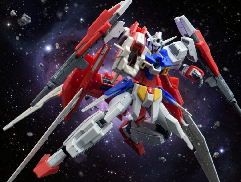 そして飛び込んだ後ライフルを構えるポーズ両肩が主張の強かったダブルバレッドに腰のライトニングバックウェポンシステムMarkⅢが加わって全体的なシルエットが大きいです