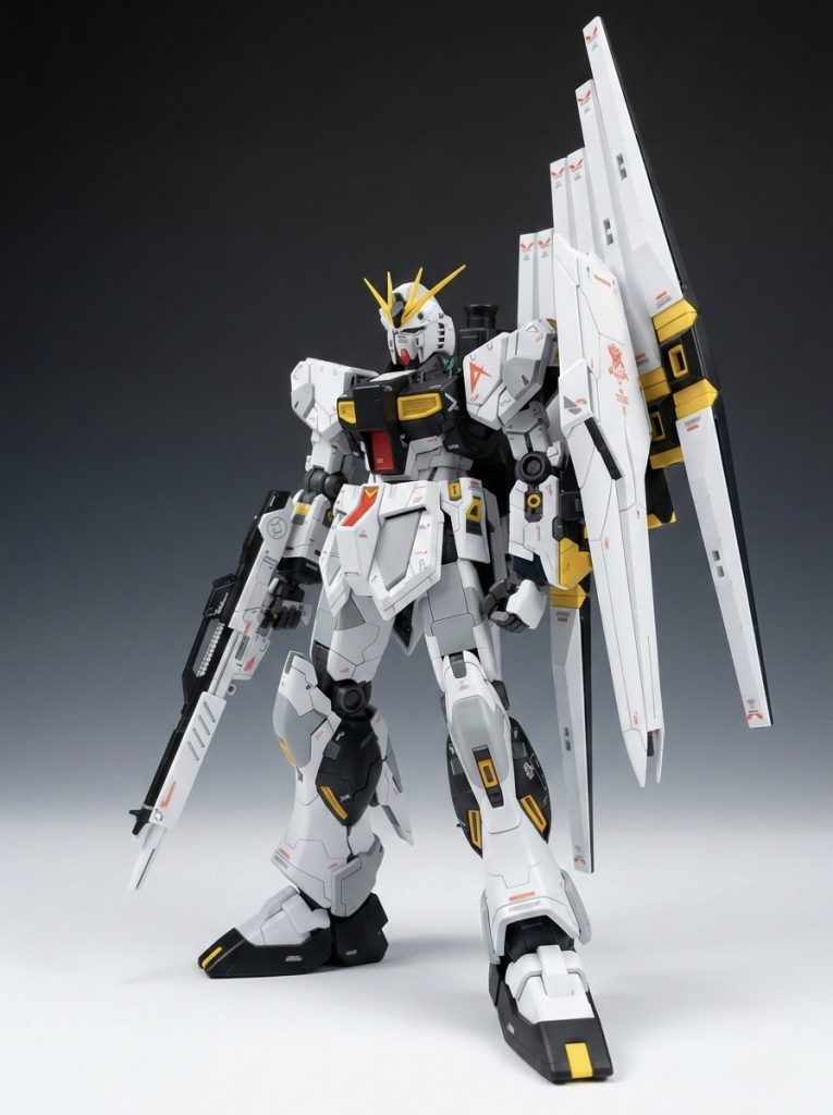 フル装備まぁ長く眠ってたせいかポロリが凄い。13年眠っていたせいもあるか。しかしファンネルはもう全部繋げて飾るのは5分が限界ってところでしょう。絶対落ちてきます。吹き付けたら塗料で関節も硬くなるかなぁって思ったけどそうでもなかったです。