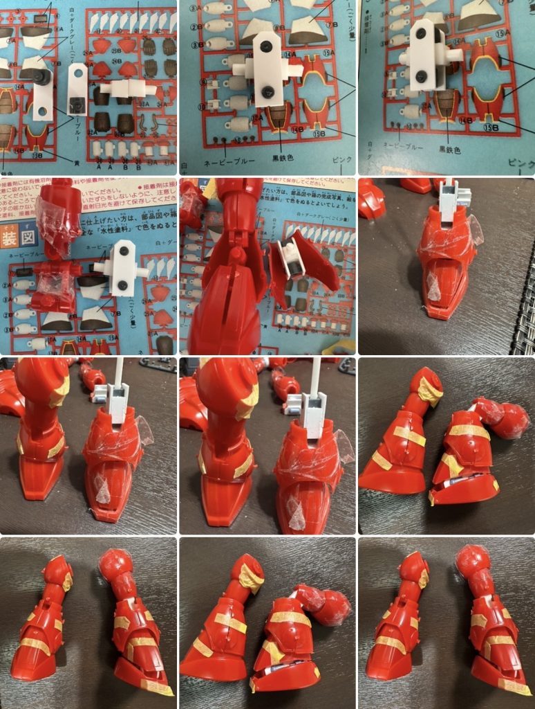 3/5頃　脚の改造ポリキャップを入れて前後に旋回させたいけどふくらはぎのあたりが前後方向にモナカに…。数日な悩んだ結果写真のような部品を作って組み込みました。写真は残っていませんが、・足首にボールジョイント仕込むために箱組みしたり、・足の甲？のあたりを1mm幅づめして可動範囲を広げたりしてます。