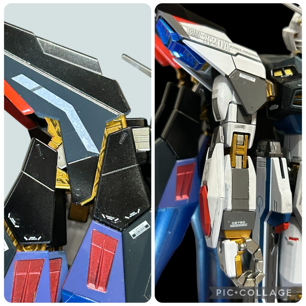 フレームはサフ後スターブライトゴールドで塗装、関節部のみスターブライトシャンパンゴールドで塗り分け。ウィングの黒い部分はゴールドで墨入れ。