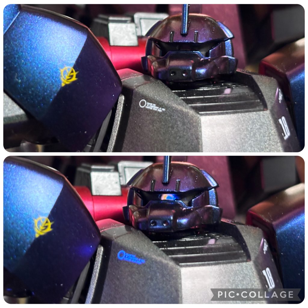 モノアイはクリアピンクに変更し、蛍光クリアを塗っているので、ブラックライトで光ります。