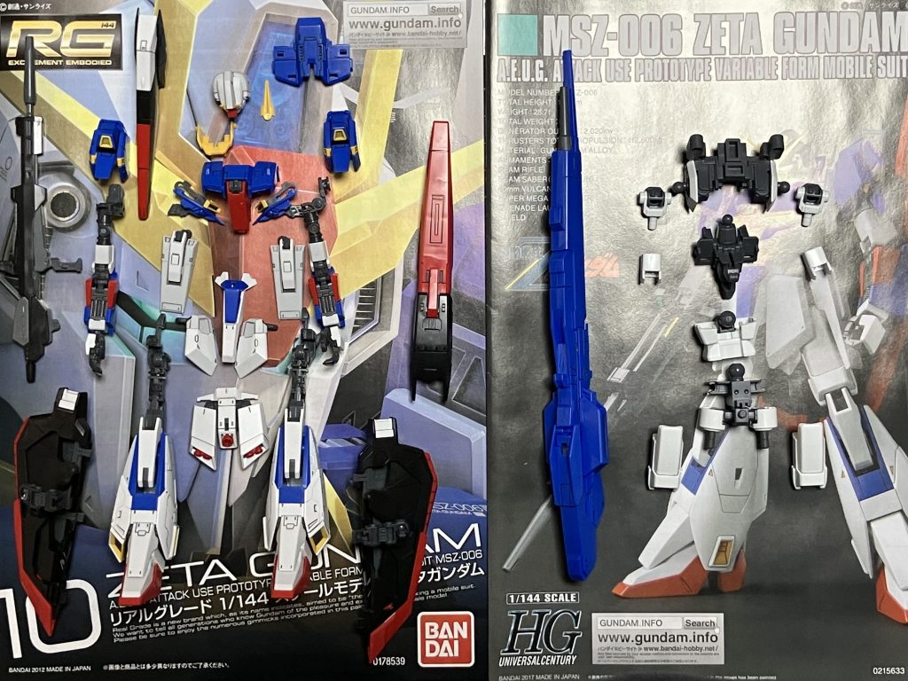 見ずらいですが、RGとHGでそれぞれ使用したパーツです。胴体と腰周りの関節がHGのものに、その他の外装部分が基本RGになっています。