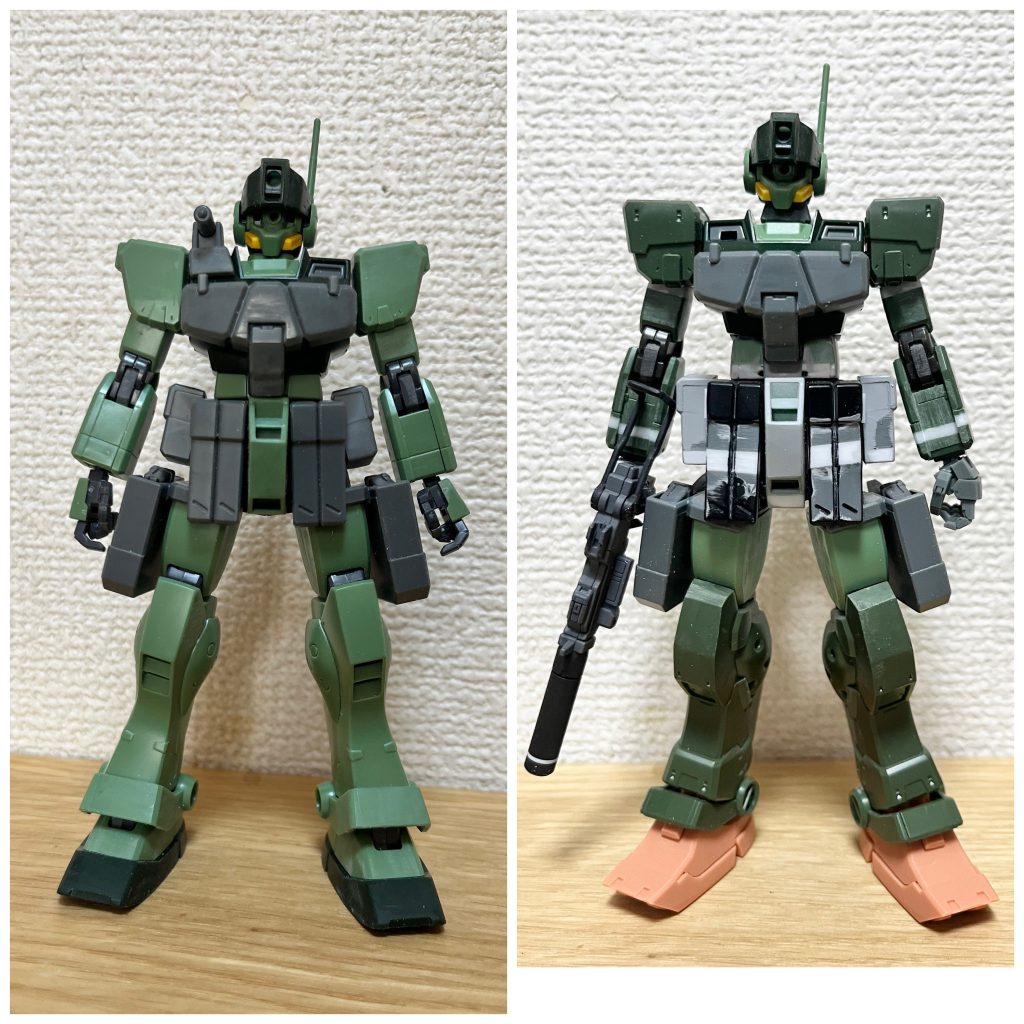 頭アンテナ:8mm真鍮線に変更目(センサー):LEDを仕込み、電池はバックパック内に首:ガチャポン戦士の関節を流用して延長。可動域が拡大肩・腕:ジムスパルタンのに交換。二の腕、前腕を延長腹:下部を延長。軸も延長フロントアーマー:プラ板挟んで延長サイドアーマー:下部を延長股間ブロック:下方向へ延長太もも:軸を延長膝から下:ジムスパルタンのものと交換足首:中華製の3Dプリント物に変更