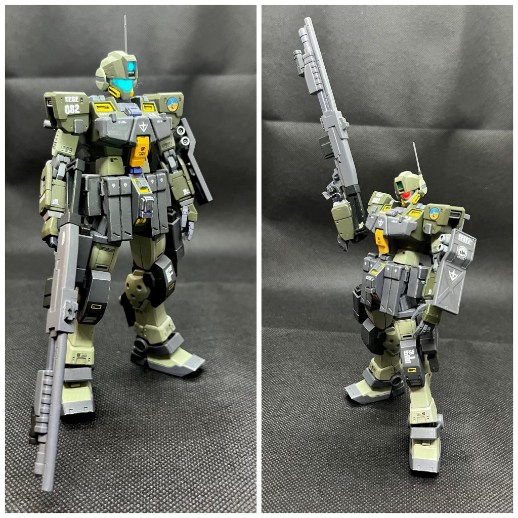 ガンダムビルドファイターズに出てくる機体ですが、この作品は未見です。しかし、ジムスナイパー系は嫌いじゃないので前から作りたいと思ってました。でも、 K9ドッグパックや専用ライフルを見た時から「デカっ！」「1/144じゃないだろ！」と思っていたので、今回はドッグパック、専用ライフル、肩のナイフをオミットし、個人的な妄想により、“スナイパーIIをベースにした高機動型試作機「RGM-79SP ジム・スナイパーII [K9-E]（トリントン基地MS部隊仕様・電子戦試験型）」”という体で一年戦争末期に存在した（かもしれない）機体として製作しました。前回同様に生成AIでIF設定を作ってもらいましたので、お付き合いください(アニメ未見・ゲーム未経験なので細かいところはご容赦くださいませ)