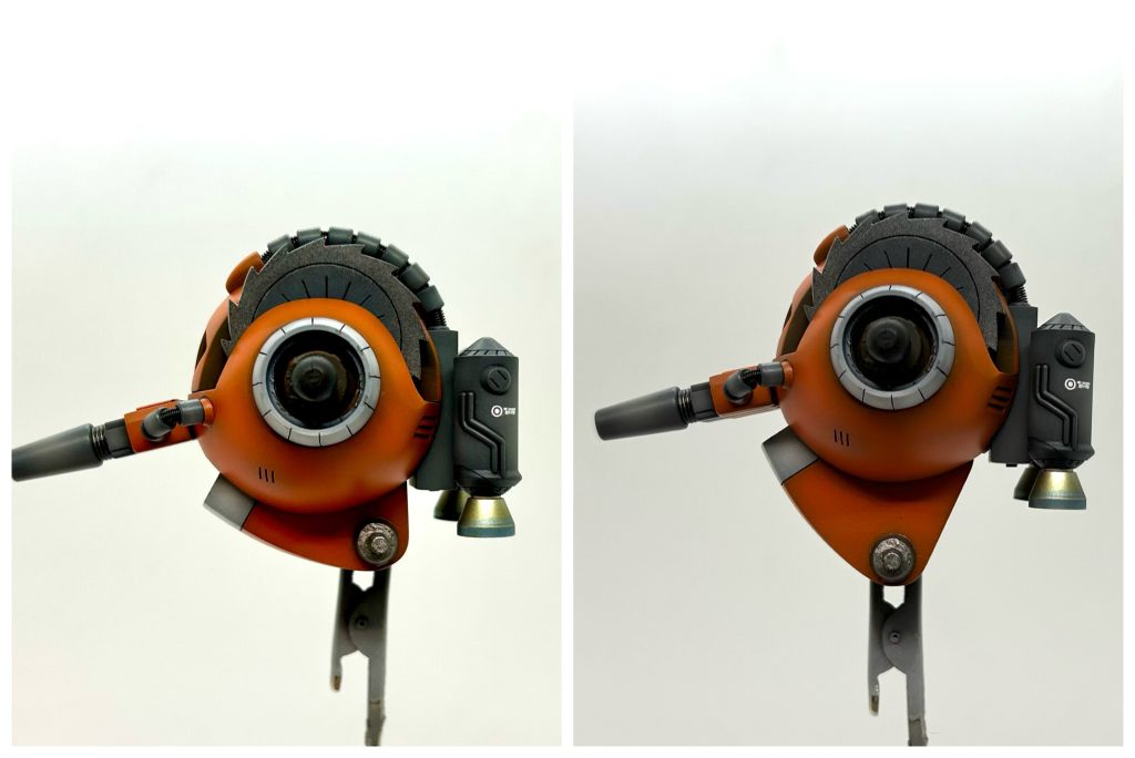 製作過程の画像が全然残っていませんでした😅画像では伝わりにくいんですが、上半身(?)と下半身(?)の間に稼働軸を設けて伸び縮みするようになってます。嘴(?)の部分はジャンクパーツとプラ材でスクラッチ。元のモノよりかなり大型化してます。あと、モノアイは左右に可動しマグネットスイッチで点灯します。&nbsp;