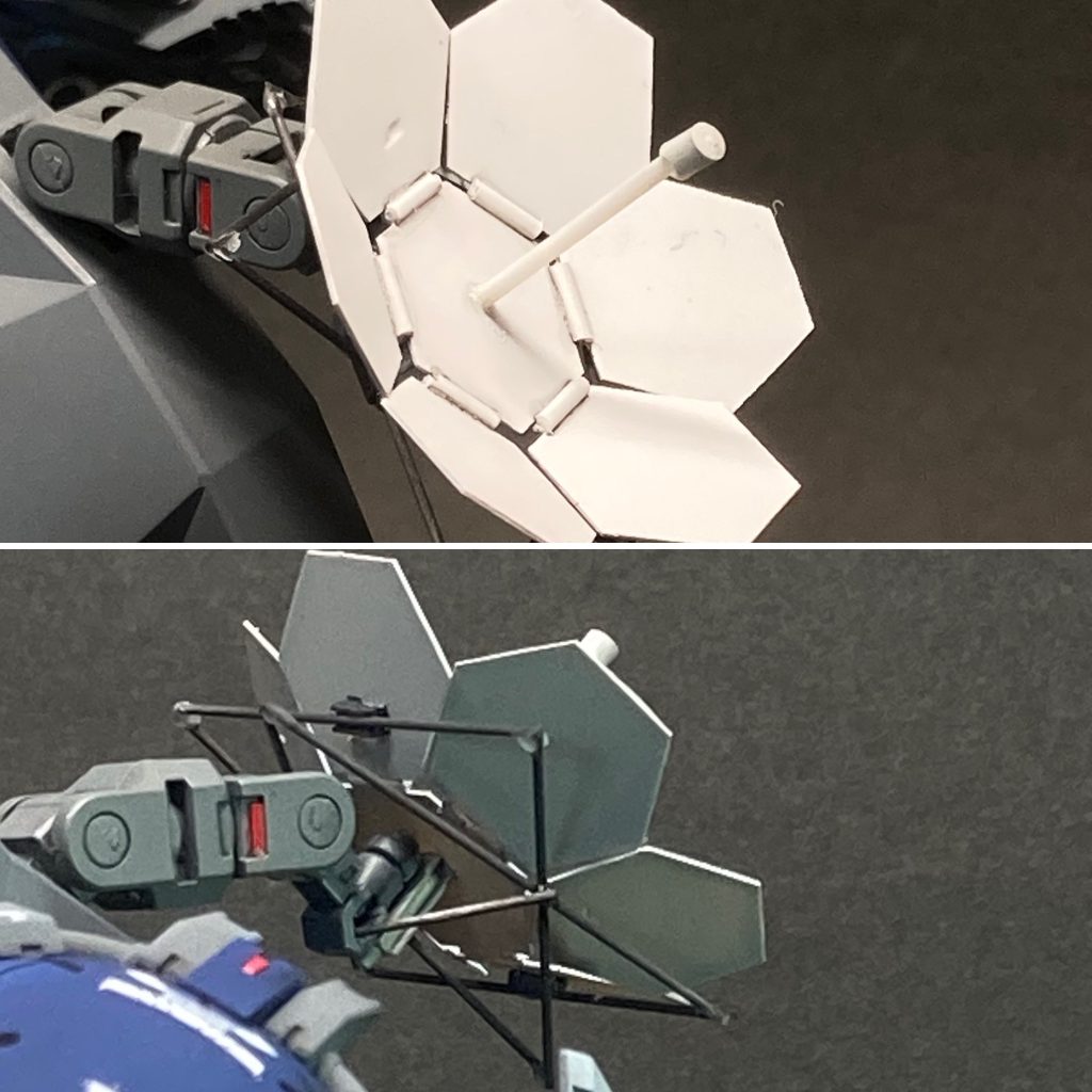 通信中継ディッシュ長距離通信が難しいミノフスキー粒子下で、通信を中継するための電波塔の役割を電子戦装備ヘイズルが担うことで、母艦と僚機との間での通信・情報共有を可能にする。使用時以外は、各六角形プレートを折り重ねるようにして収納する。六角形プレートは0.3mmプラ板からの切り出し。実際には折りたためませんが、それっぽく見せたくて、裏面の折りたたみ用フレームをジャープペンシルの芯（0.5mm）で作りました。&nbsp;&nbsp;電子戦装備機の運用は･･･