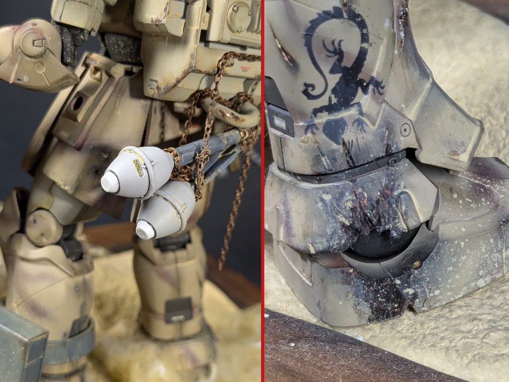 鎖で無理やりつけた武器　地雷によって被弾した足