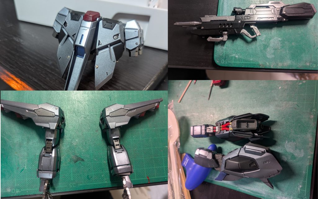 肩の中央部を塗分け。丸モールドはピンバイスで開口し、EVOLVE WORKS製のメタルマイナスモールドを埋め込みます。腰部スカートも同じく丸モールドにメタルモールドを。一部黒で塗分けます。ライフルは銀、焼鉄色、黒で塗分け。パーツ分割が優秀で塗分けしやすかったです。ふくらはぎ外装を付けても見えるパイプは赤と金で塗分け。ふくらはぎ横は黒にして立体感を出してみます。