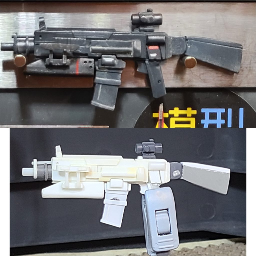 スクラッチした武器(アサルトライフル風)。以前作りかけで放置していたものを引っ張り出してきて今回最初にあてがったモノからマガジンを取ってきたりしてブラッシュアップして形にしました。あんまり精密ではないですが雰囲気は出せたと思います😅