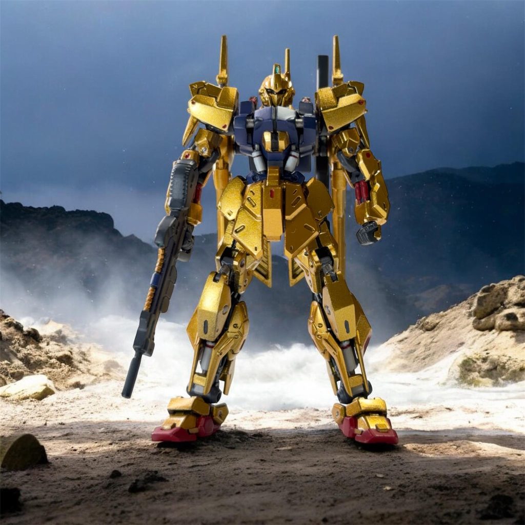 塗装レシピ下地：マルチプライマー → 黒サフ【エアブラシ（ラッカー）】・金：スターブライトゴールド・青：ティターンズブルー2・グレー：MSグレー＋ブラック少量【筆塗り（水性）】・赤：メフィストン レッド（シタデル）・白：コラックスホワイト・グレー：メカニカルスタンダードグレー・シルバー：リードベルチャー・センサー部：エーテルマティックブルー【トップコート】・金色の部分：クリアー・その他の部分はつや消し : スムースクリア＋クリアー（9:1）※金色用のクリアーを全体に吹き付け後に、金色の部分だけ再度マスキングして、つや消しをかけました。（しんどかった…）