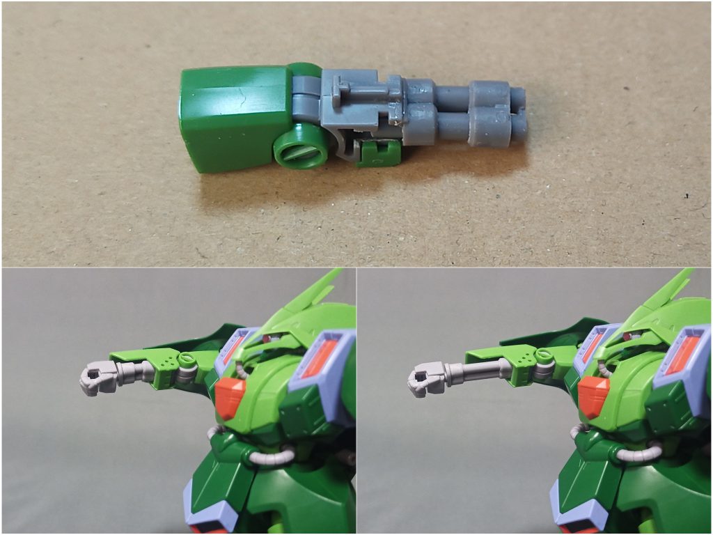 まず最初に目につくのが両腕のシリンダー伸縮部分旧キットだとスライドギミックで再現されてたのが差替えになってたのは萎えポイントだったので「これ結局スナップフィットの内部構造とか気にせず穴あけて軸刺してストッパー作ればいいよな」と割り切り施工穴を空ける事でバラけてしまう部分は接着にて対応し上下共に無理ない範囲でギリギリまでストロークを確保する事で改修前と同じくらいの長さで伸縮できるようにしました(о´∀`о)あとブチ穴は開口