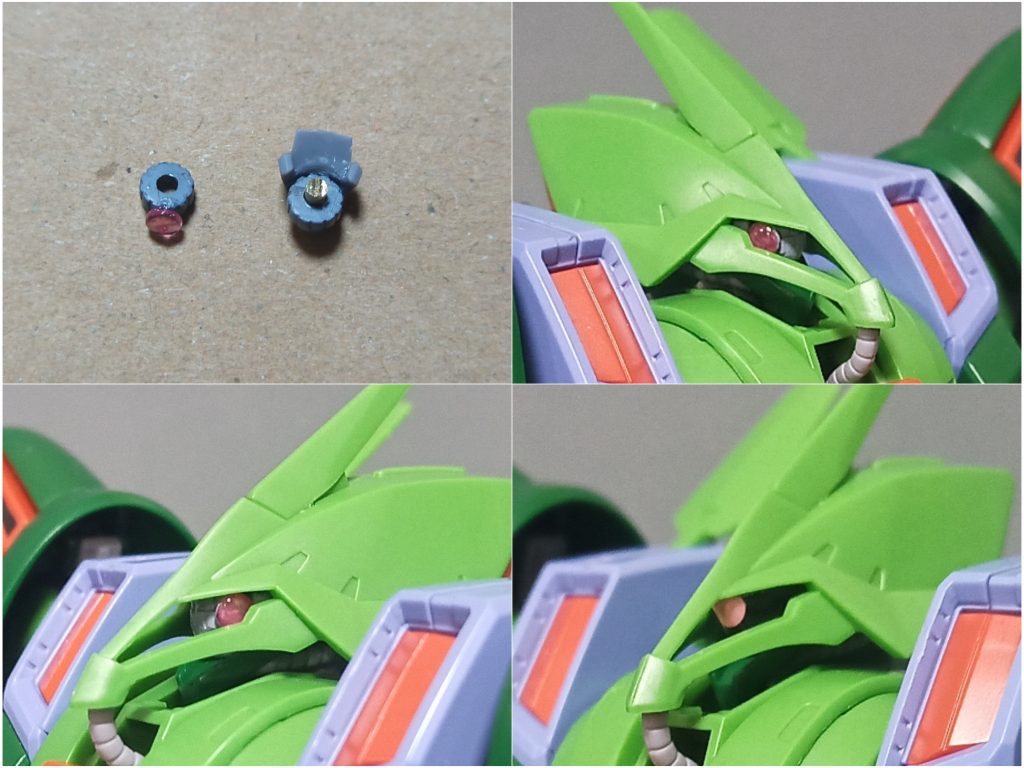 「あとどうせ弄るなら今回はモノアイ可動にしてみるか」で加工して可動化基部は弄ってないのでキットの仕様にも戻せます(右下)
