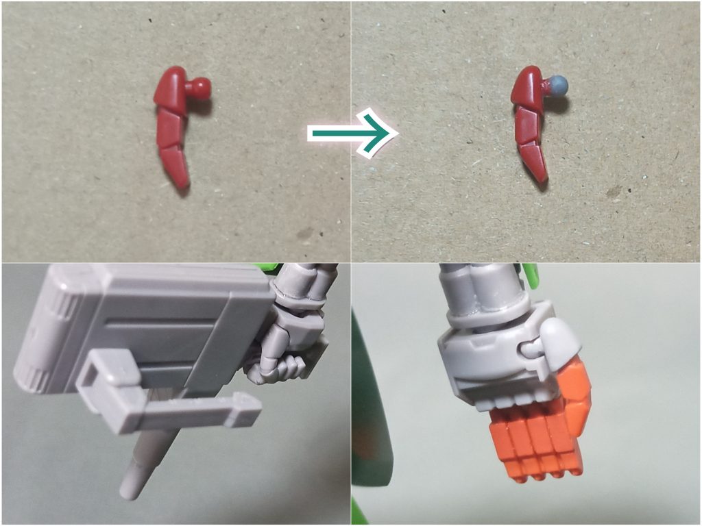 その他については動かしてるうちに塗装が剥がれて萎えそうな親指付け根のボール部分をグレーのランナーから球状の形に削ったものに置き換えて対策したり、手や武器の目立つ肉抜きをパテとかランナーを加工したもので埋めたぐらいです