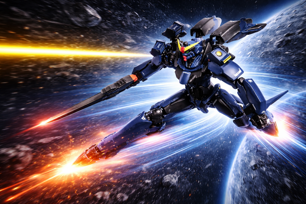 1.いつもの哨戒宙域。ここ最近は同じコースを巡るだけで、退屈な任務が続いていた。「どうせ今日も、何もないでしょ」哨戒を始めて数刻。彼女はマシンのコックピットでぼやいた。一週間ほど前、この宙域で正体不明の船の軌跡が観測された。わずかではあるが、ノズルの光と通信波がキャッチされたのである。だが、この宙域を船が通過した記録はない。だからこそ、こうして地道な哨戒が続いている。「もうっ！　なんにも見つからないって、どういうこと！」独り言が増えるのも無理はなかった。「……何？」ふと、妙な感覚が走る。キラキラほどではない。だが――確かに、以前感じたことのある感覚だった。「！！」咄嗟にメインスラスターを吹かす。機体をその場でバレルロールさせた。「うわぁっ！」刹那。強力なビームが装甲をかすめる。鋭い敵意が突きつけられる。「何なの！？」彼女は迫り来る敵影へ向け、ビーム・ライフルを放つ。だが、当たらない。黒い機体は攻撃の軌道を読んでいるかのように、無駄のない動きで回避する。そのシルエットに、強い既視感があった。なにせそれは――自分の愛機にそっくりだったのだ。「え……？　なんで？　ジークアクス！？　きゃあっ！」ビームの閃光が視界を白く染める。左腕のシールドに直撃を受けた。半分が溶解し、宇宙に散っていく。「はっ……はっ……」一瞬、混乱する。だが彼女はすぐに気持ちを切り替えた。「……やらないと、やられる」迫る敵に対し、距離を保ちながら応戦する。スラスターの光の軌跡が、宙域に複雑な線を描いていった。