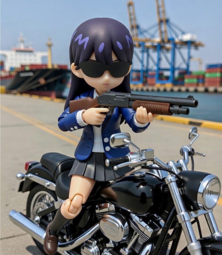 ハーレーに乗り、ショットガンを構えるニャアン。ハーレーは百均で売られてるチープトイを改造した。