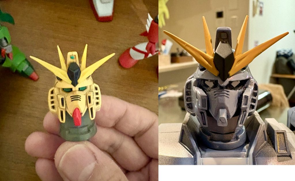 頭、顔はだいぶいじりました。左の写真が元キット、右の写真が改造後です。全体的に幅増し、目の下の隈取り部分の幅を狭くし、目とその周りの黒い部分を大きく、頬の部分も含め全体的に丸みを帯びるように形状変更、顎を前に突き出るようにetc、ひさし部分もライン変更したので、アンテナ取付位置も下にずらしています。