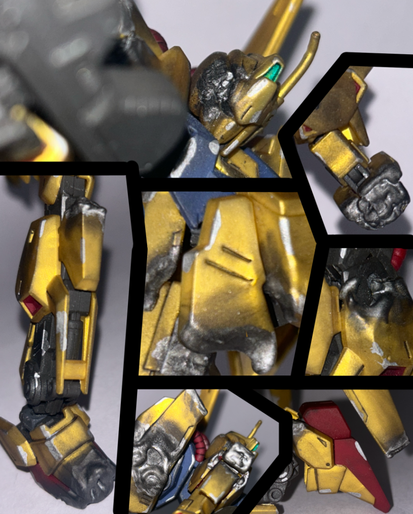 頭部、つま先、バインダー、フロントスカート周り、右肩、左腕とかにビームを受けた感じにしています。