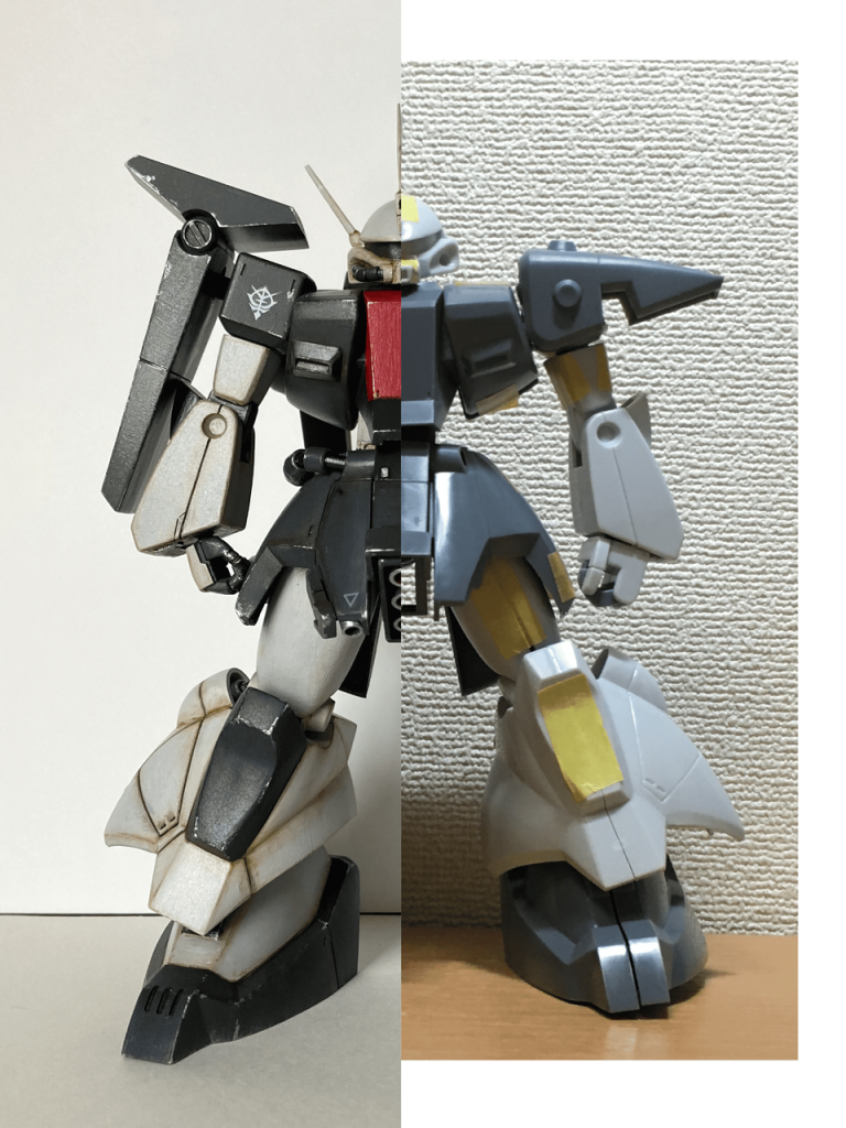 改造前との比較画像です。動力パイプは置き換え、つま先の3本縦スリットも追加してます。あちこちいじったにも関わらず、こうして見るとあんまり変わってない気もしますが……